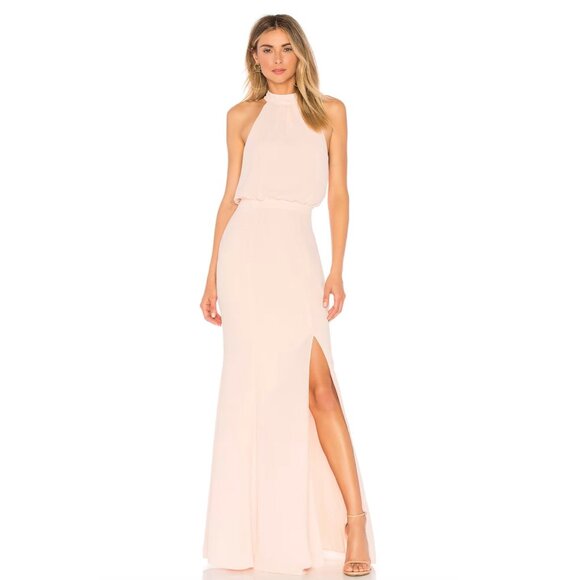 LIKELY Cameron Gown Size 2 Seashell Pink Maxi Dress Halter Neckline Side Slit - Picture 10 of 10